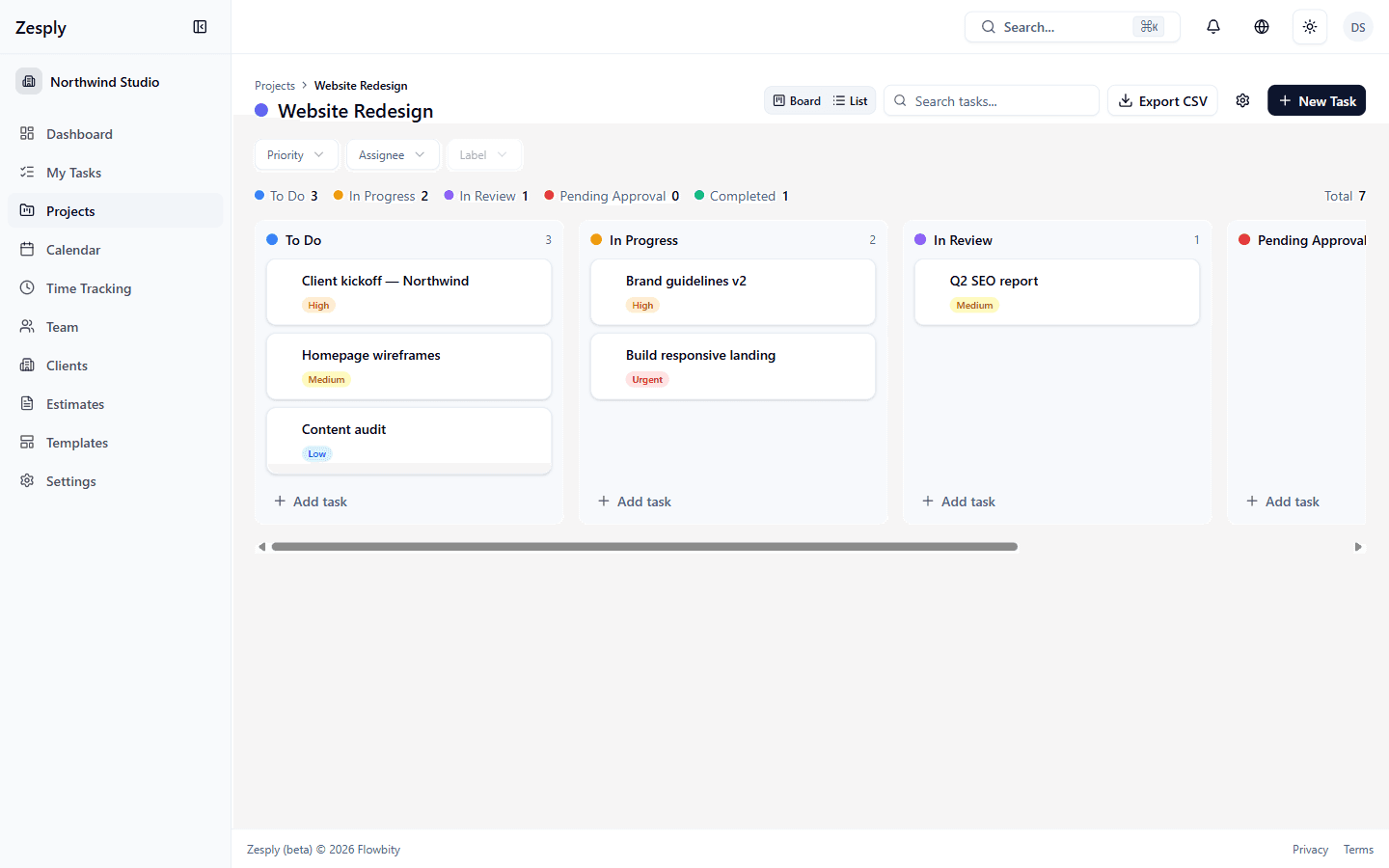 Zesply Kanban board with tasks across To Do, In Progress, In Review and Completed.