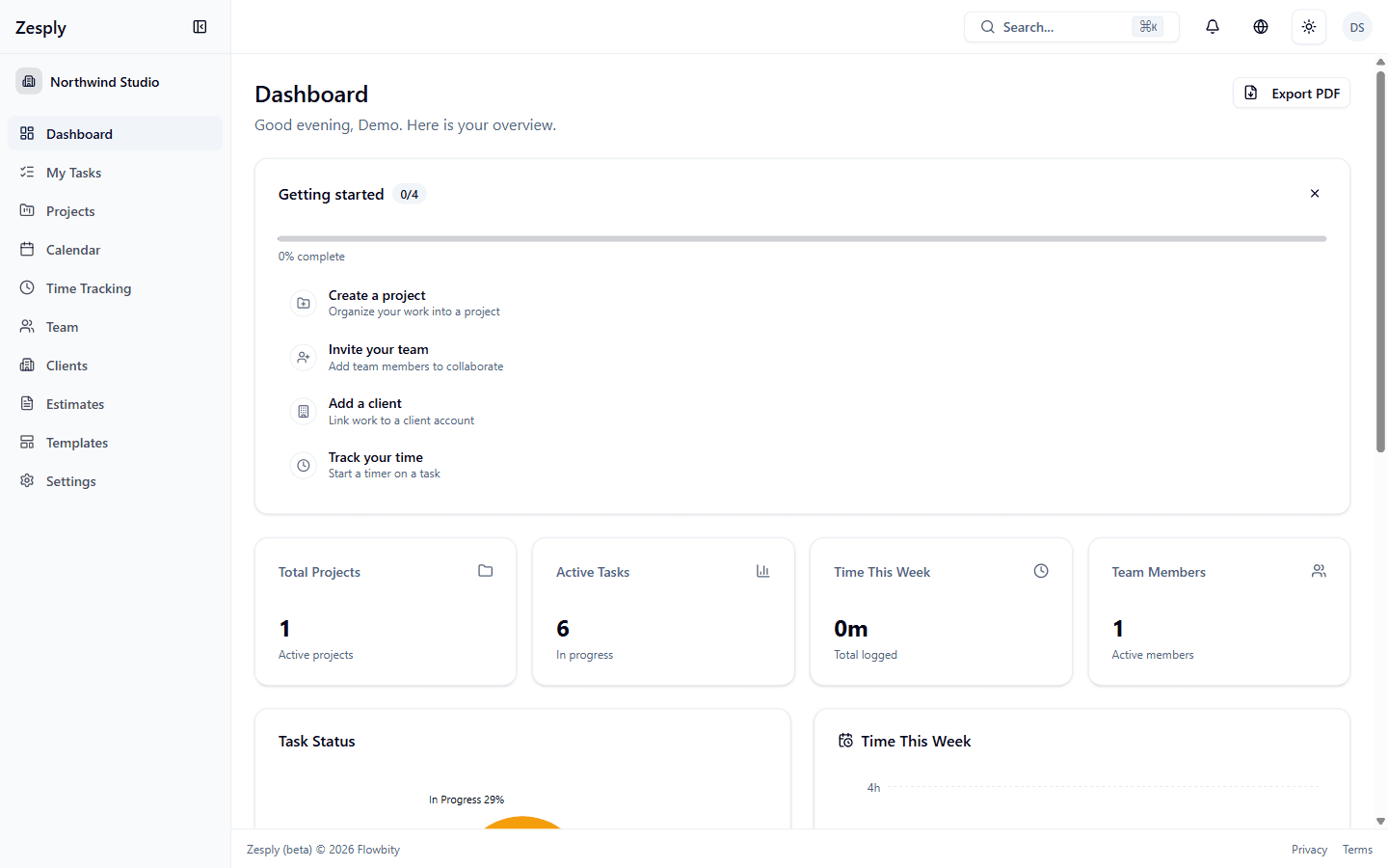 Zesply dashboard with project stats, time tracking and team workload.